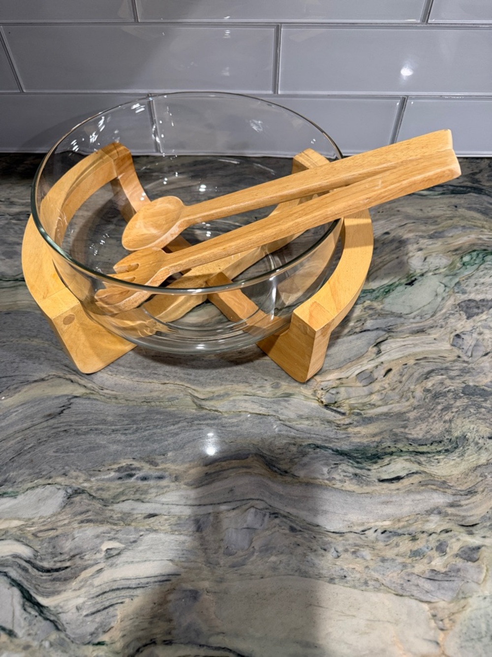 Clear Glass Salad Bowl with Bamboo Stand and Serving Utensils - Natural Wood